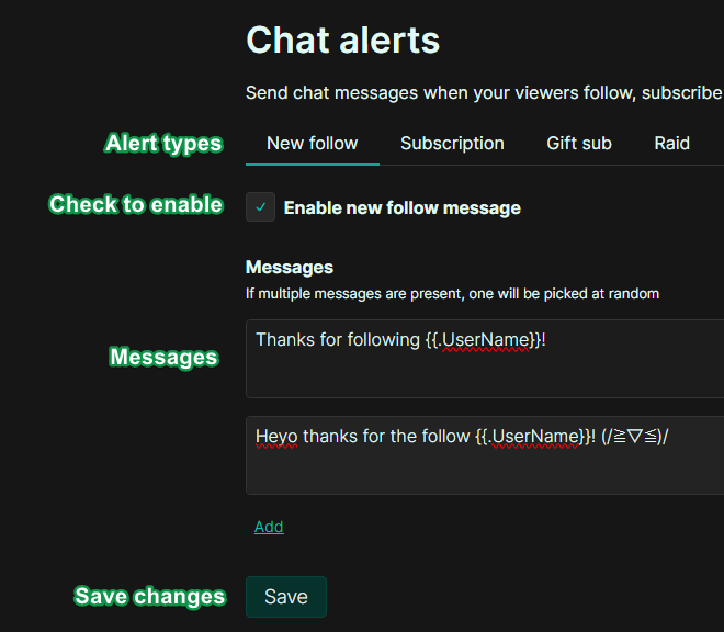 Overview of the chat alerts configuration page