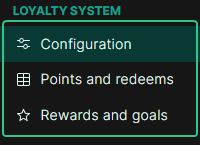 The loyalty system configuration pages in the side bar