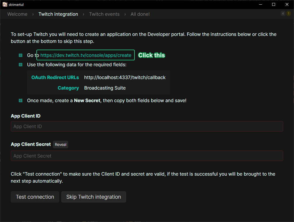 The twitch app configuration page, with the link to create a new app highlighted