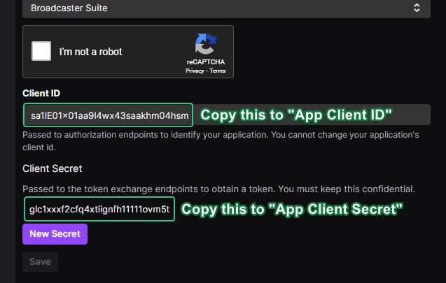 The application page, with both client ID and secret highlighted