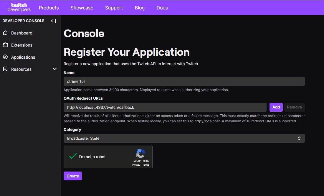 Creating a new twitch application in the developer portal