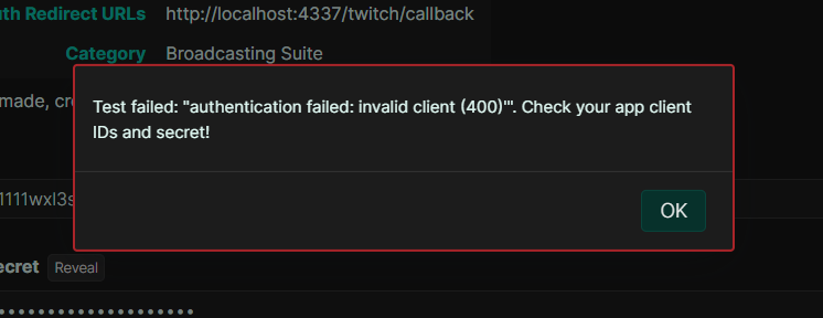 The error dialog that pops up if the credentials are not valid