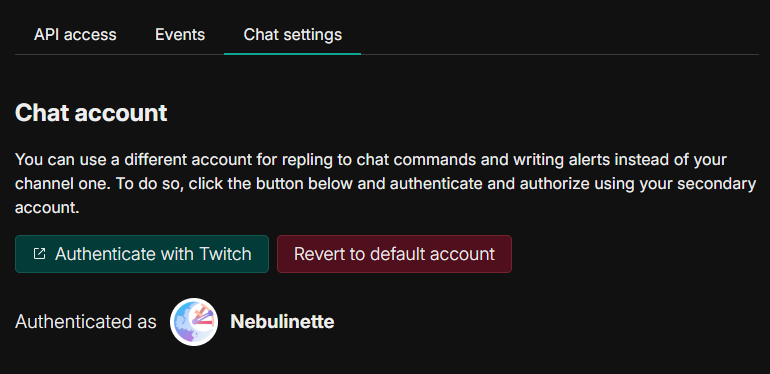 The new chat user configuration showing up a secondary user as authenticated